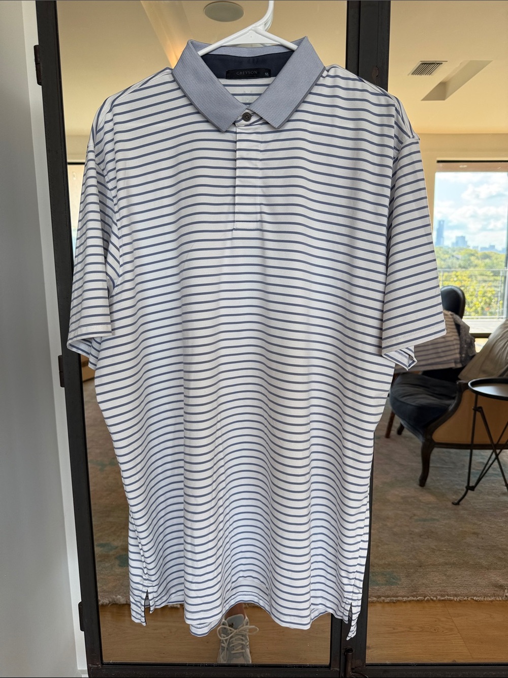 Greyson White Polo with Light Blue Stripes and Grey Blue Collar